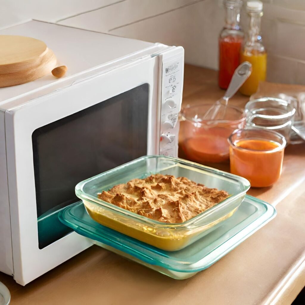 Pyrex baking dish being used in a microwave oven