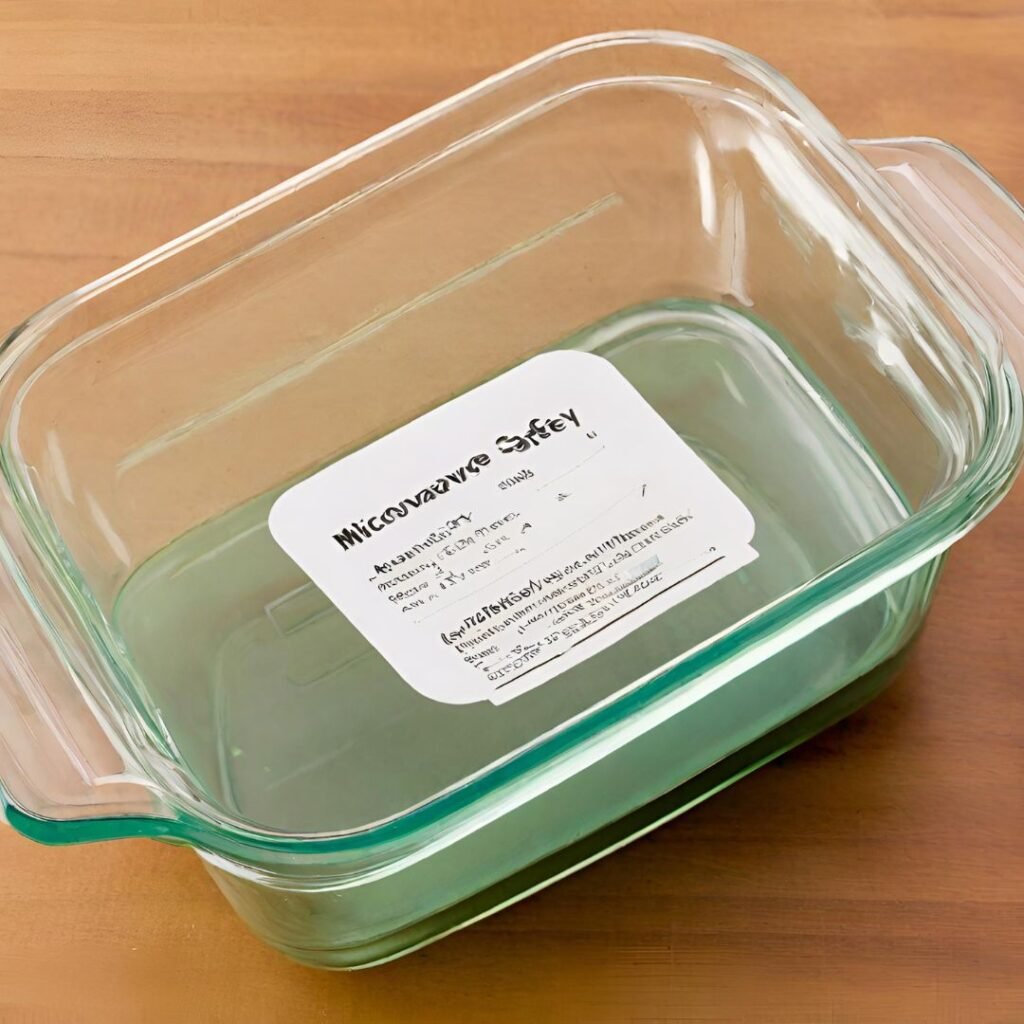 Pyrex dish with a label indicating microwave safety