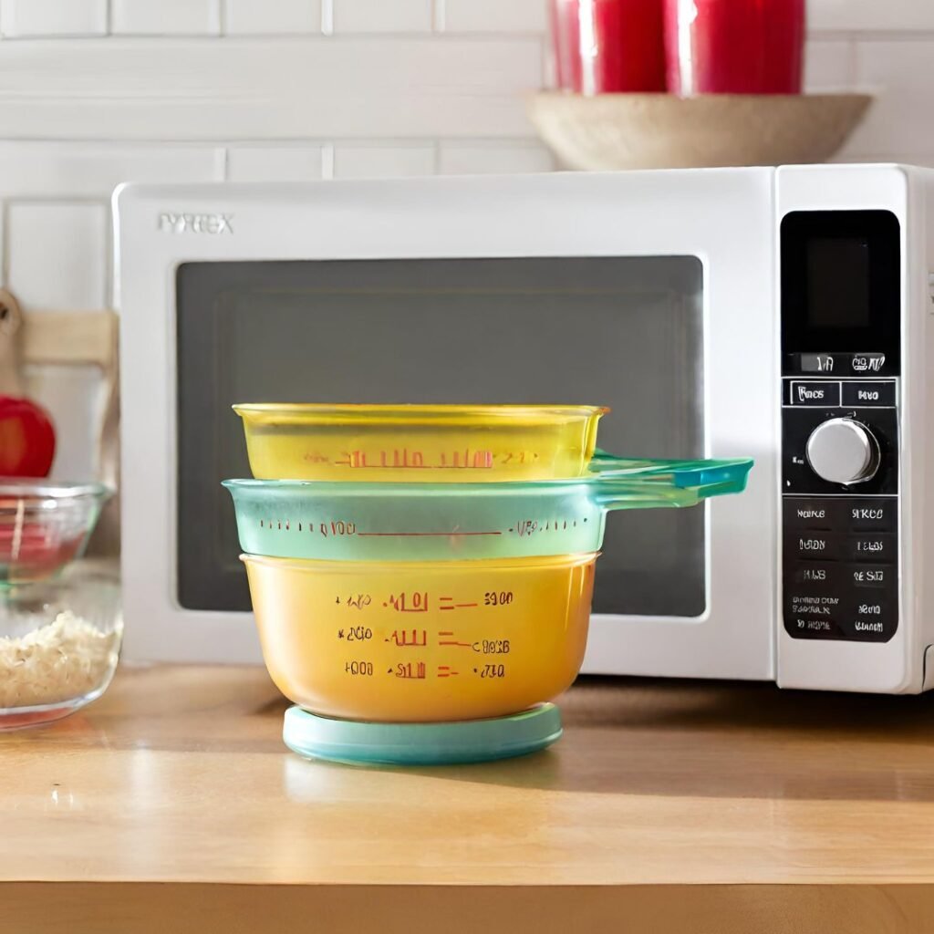 Pyrex measuring cup being used in a microwave oven