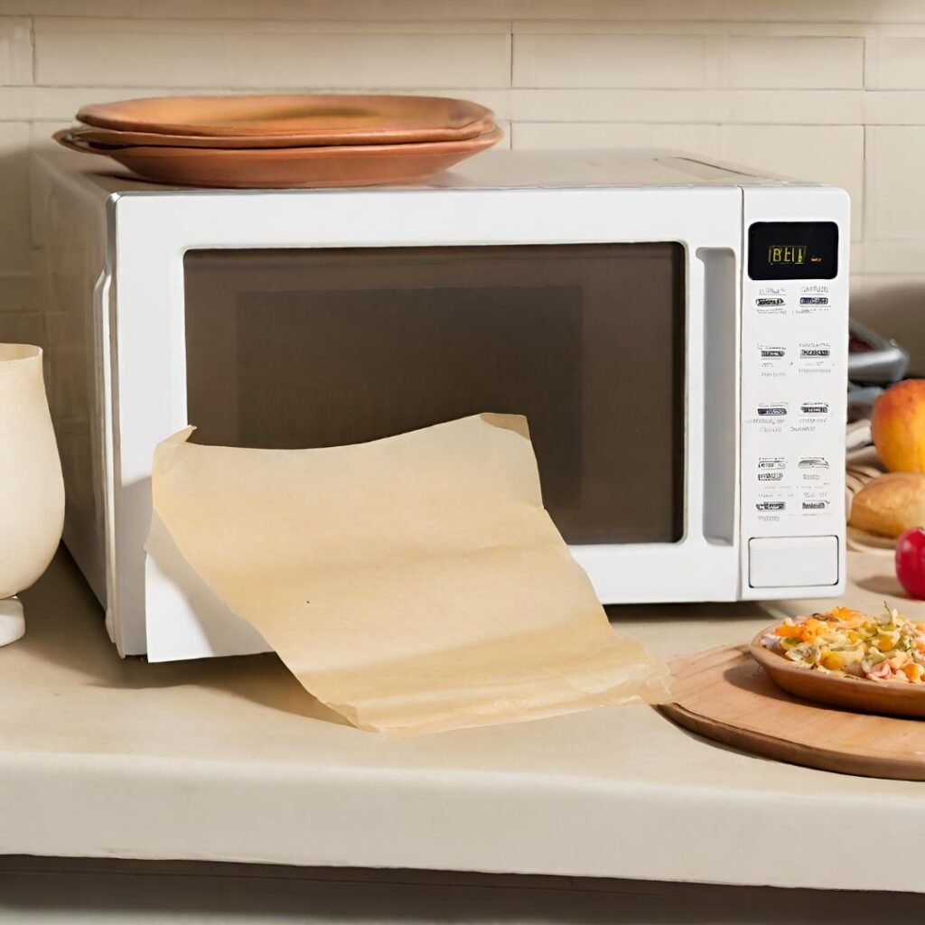 microwave oven with a plate lined with parchment paper